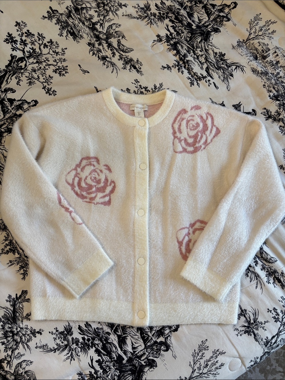 Cynthia Rowley Cream Snap-Front Cardigan with Pink Rose Motifs